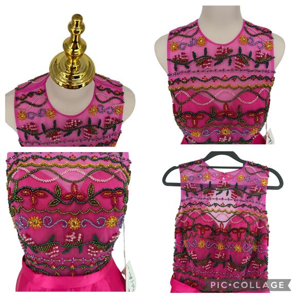 Angela & Alison Beaded Dress Pink Satin 10 Short Formal A-Line Pocket Open Back - Picture 5 of 16